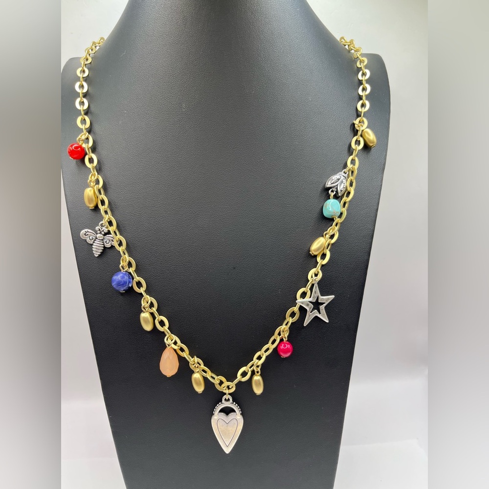 Charm Necklace Bee Heart Star Butterfly Gold Tone with Colorful Beads  Long